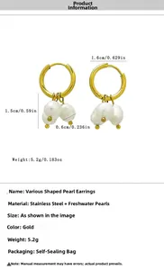 Détails de boucles d'oreilles perles d'eau douce irrégulières avec anneaux en acier doré