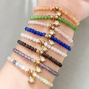 Bracciale di Perline in Acciaio Inossidabile Occhio di Gatto Con Pendente a Stella Zirconia Gioielli Donna
