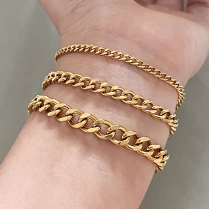 Three widths of polished gold Cuban link chain necklaces in high quality stainless steel