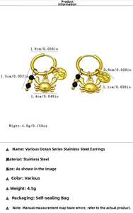Detailed size chart for gold stainless steel crab earrings with beads weighing 4.5g