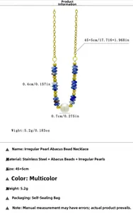 Detail of 18k gold plated necklace with blue beads, baroque pearl, and size measurements