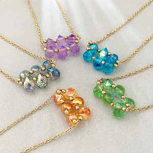 Handmade stainless steel necklace with colorful crystal waterdrop beads in five vibrant shades