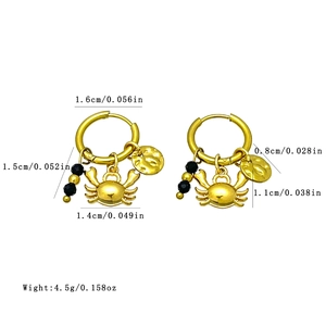 Golden stainless steel crab hoop earrings with sea-inspired charms and size measurements