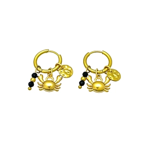 Elegant gold stainless steel hoop earrings with crab charms and black bead drops