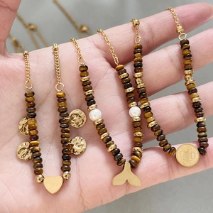 Collier En Acier Inoxydable Pierre Oeil De Tigre Vintage Pour Femmes Pendentif Coeur Queue De Poisson Pièce Religieuse