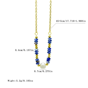 Gold plated stainless steel beaded necklace with blue stones and white pearl 45+5cm
