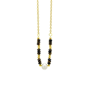 18k gold plated stainless steel necklace with brown natural tiger eye beads and white pearl