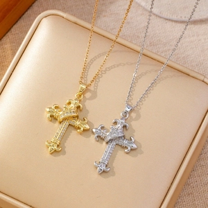 Retro Cross Pendant Necklace Copper Micro Inlaid Zircon Hip Hop Street Style Jewelry For Men Women