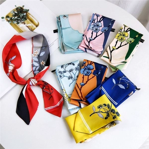 Women Floral Skinny Scarf Elegant Satin Feel Twilly Ribbon For Handbag Hair Neck Retro Botanical Printed Polyester Headband