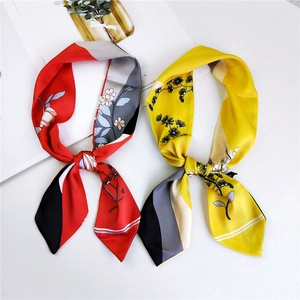 Floral print narrow silk scarf and bag ribbon set in elegant vintage botanical patterns