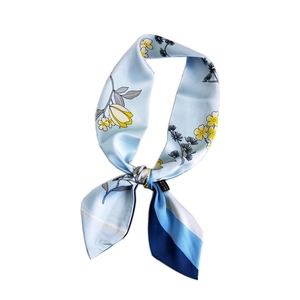 Elegant blue floral silk twilly scarf with yellow blossoms for hair or handbags