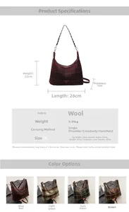 Detail view of plaid woolen handbag dimensions and four color options in various shades