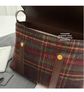 Macro-opname van onzichtbare magneetsluitingen en ruitjesstof op een vintage tas