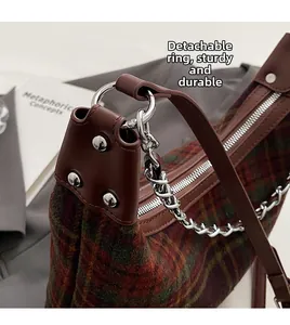 Detail of plaid wool handbag with silver studs and durable detachable metal ring clip