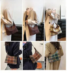 Collage of checkered wool shoulder bags in various colors on a model in a warm room