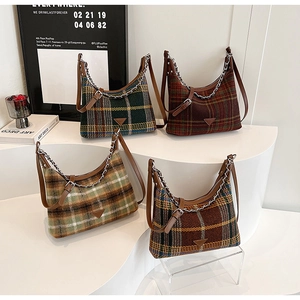 Fashionable plaid wool shoulder bags with leather straps and silver metal chain detail