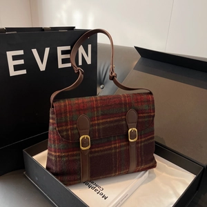 Vintage Tweed Schoudertas Met Ruit Voor Dames Grote Capaciteit Messenger Bag Retro Geruite Crossbody Tas Met Leren Riemen