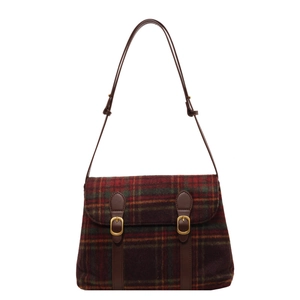 Retro crossbodytas met rood-groen ruitjespatroon en bruine leren riemen voor dames