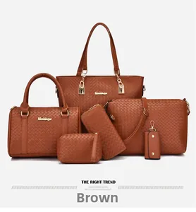 Ensemble de 6 sacs en cuir tressé marron comprenant cabas et sacs bandoulière avec finitions dorées