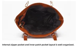 Vue intérieure du sac cabas marron avec poche zippée et poches plaquées