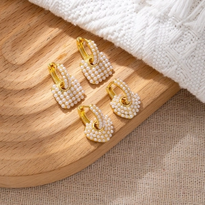 Heart Square Faux Artificial Pearl Encrusted Copper Hoop Earrings French Elegant Luxury Style For Women