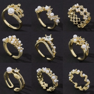 Fashion Elegant Copper Open Ring For Women Adjustable Imitation Pearl Zirconia Gold Silver Plated Finger Jewelry Luxury Aesthetic Accessory