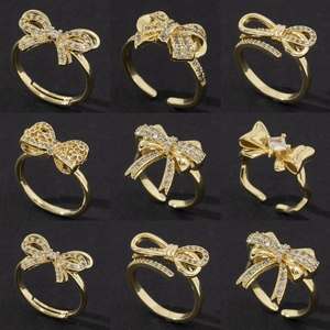 Bague Noeud Papillon Cuivre Zircone Cubique Ajustable Anneau Ouvert Bijou Élégant Style Banlieue Pour Femmes