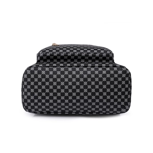 Bottom view of a stylish black backpack with white floral geometric print patterns