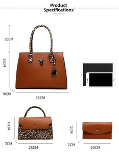 Size chart showing leopard print 3-piece bag set dimensions with tablet for scale