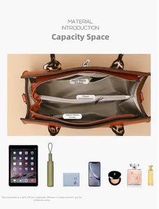 Detailed view of tote bag interior with three compartments and leopard scarf handle