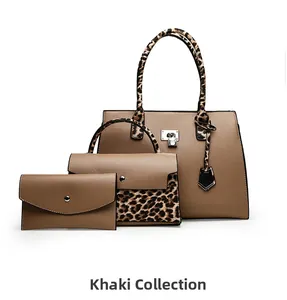Three-piece khaki tote bag set with leopard print straps and metallic buckle detail