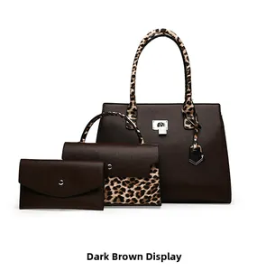 Three-piece set of deep brown handbags with stylish leopard print handles and metallic locks