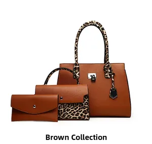 Three-piece brown pebbled leather tote set with leopard print straps and silver lock