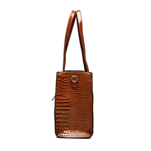 Brown crocodile embossed tote bag with glossy faux leather and stylish shoulder strap