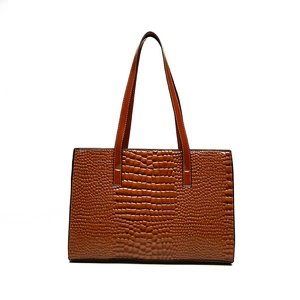 Elegant brown crocodile embossed tote bag in high-gloss faux leather for business women