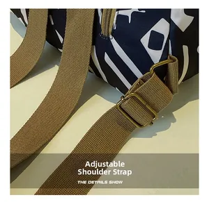 Macro shot of adjustable woven strap and vintage metal buckle on printed backpack