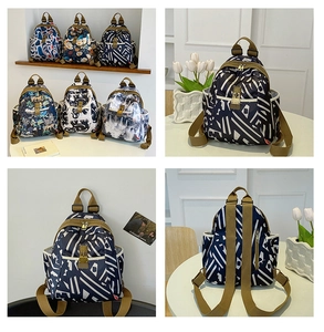 Detailed views of printed oxford backpacks showing front, side and anti-theft back pockets