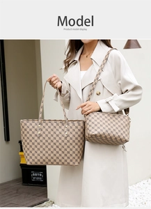 Detail showing the large checkered tote bag and matching crossbody bag set with logo print