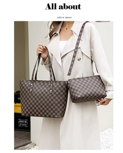 Close-up of brown checkerboard tote and crossbody bag set worn with a trench coat