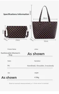 Detailed size chart for checkerboard tote and crossbody bag set with PU material specs