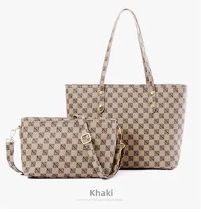 Detail view of khaki large capacity tote bag and crossbody bag with monogram print