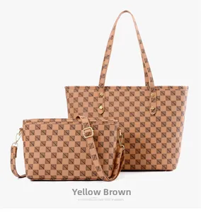 Macro detail of yellow-brown checkerboard tote bag set with matte leather finish