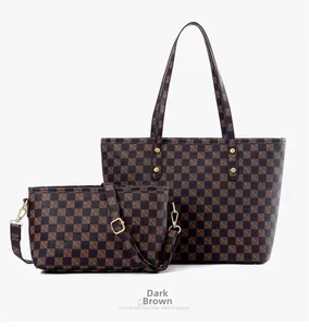 Detail view of deep brown checkered tote bag and matching crossbody bag two-piece set