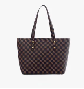 Detailed front view of brown checkerboard tote bag with dual straps and golden hardware