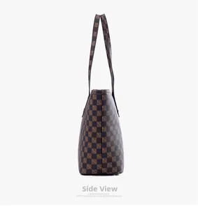 Side view showing the structured thickness and checkered pattern of the tote bag