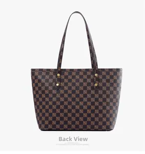 Back view of a large checkerboard tote bag with dual straps and golden rivet details