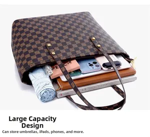 Top view of large capacity tote bag interior showing iPad and daily essentials