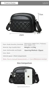 Detailed dimension guide of black quilted crossbody bag with 3 main zip pockets
