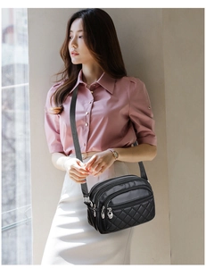 Close-up of black quilted crossbody bag with multi-layer zippers and waterproof texture