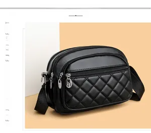 Detail view of black quilted PU leather crossbody bag with three silver zippers